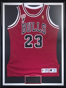 Michael Jordan Signed 1996-97 Chicago Bulls Road Jersey With Mr. June Patch In 32x42 Framed Display -364/423 (UDA)